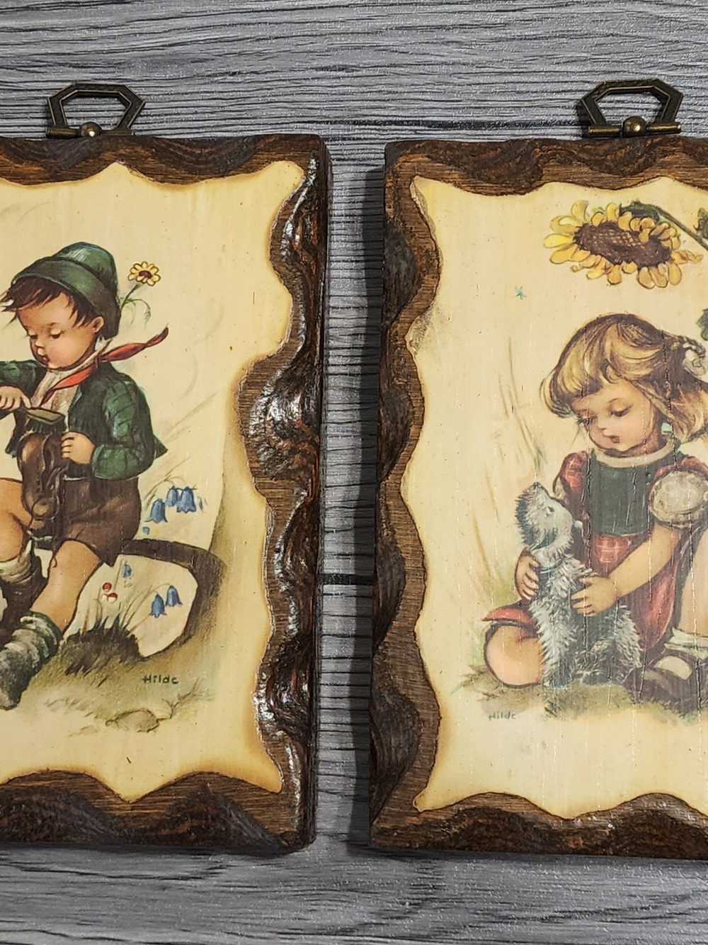 Vintage Wooden Hummel Wall Plaques with Children Illustration - Brown, Cream